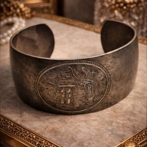 HANS JENSEN Vintage Silver Plated Danish Boat Scene Cuff Bracelet  Rare